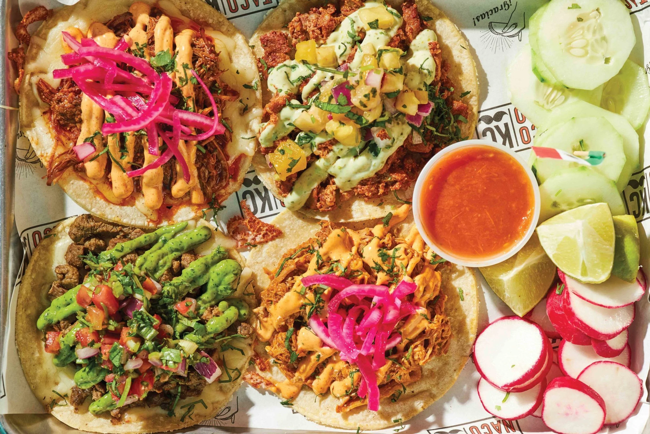 Taco Naco KC signature dishes Tecate Fried FishEsquite Street CornSanta Fe Bowl